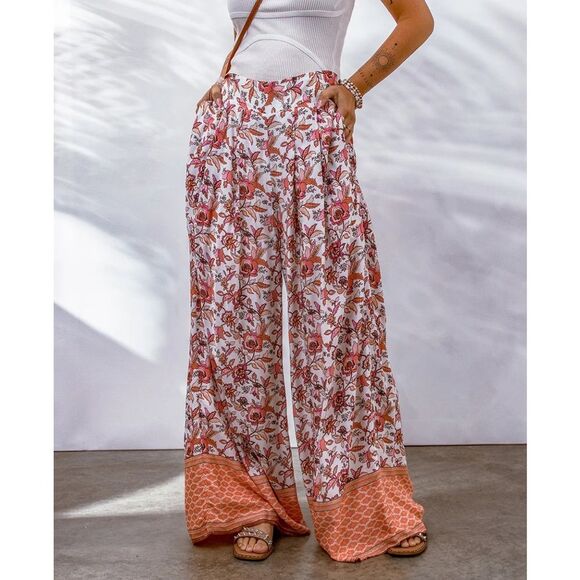Bellanblue Pants - NWT Wide-Leg Pull-on Elastic Waist Flowy Boho Pants Pockets Orange Pink Floral S